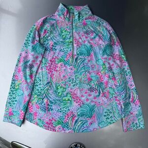 Lilly Pulitzer pink and green floral preppy half zip sweatshirt henley beachy